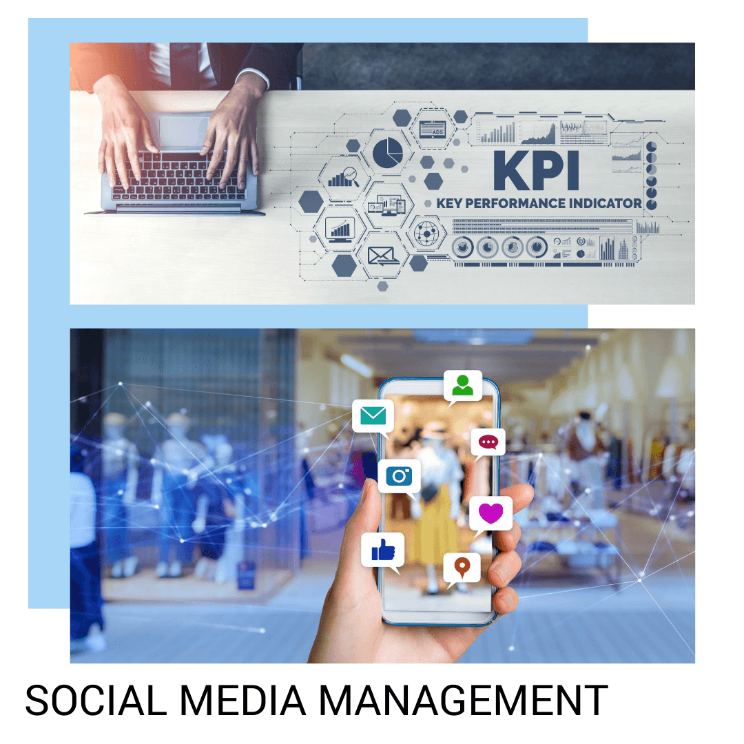 Social media management: a KPI dashboard and a phone showing social media icons