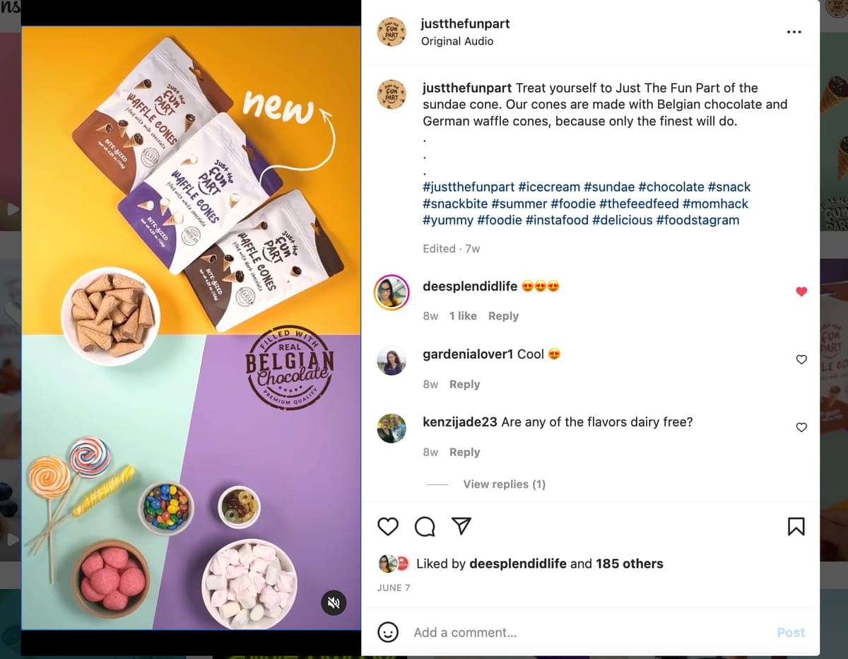 An Instagram post by Just the Fun Part announcing new chocolate-filled waffle cone flavors
